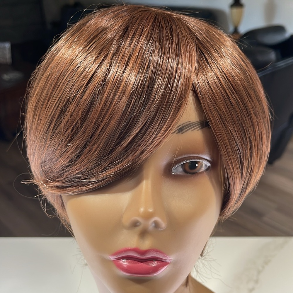 HAIR, Pixie, short straight with swoop bangs, Medium brown